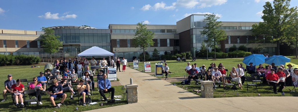 Audience shot from the stage where the Back Porch Revue participated in the reading of the Declaration of Independence at Harper College, July 8, 2026
